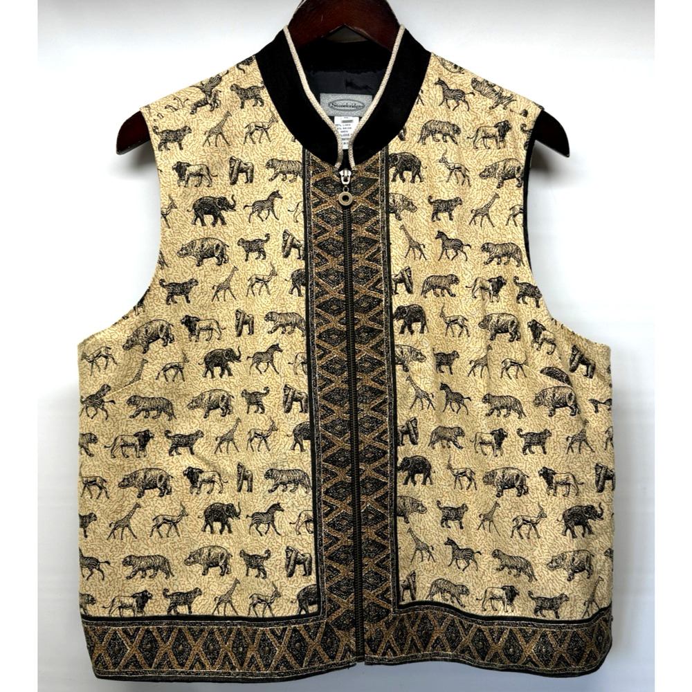 STONEBRIDGE Linen Blend Women's XL Vest African Safari Animals Brown Tan Black